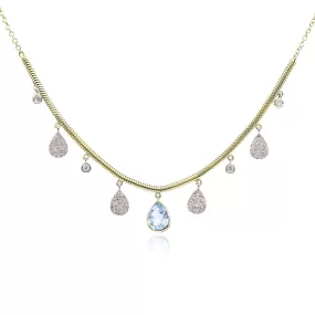 14K YELLOW GOLD BLUE TOPAZ DIAMOND DANGLE NECKLACE