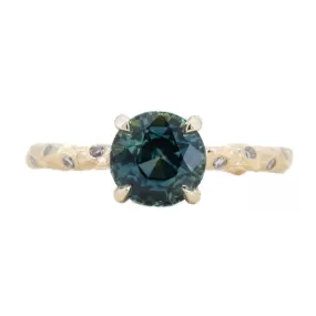 2.09ct Teal Madagascar Parti Sapphire in 14k Yellow Gold Low Profile Evergreen Solitaire with Embedded Diamonds