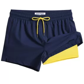 4 Inseam 2 in 1 Stretch Short Liner Navy Yellow Swim Shorts