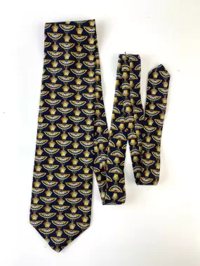 90s Deadstock Silk Necktie, Men's Vintage Blue Gold Art Deco Pattern, NOS