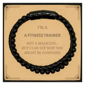 Badass Fitness Trainer Gifts, I'm Fitness Trainer not a magician, Sarcastic Stone Leather Bracelets for Fitness Trainer Birthday Christmas for  Men, Women, Friends, Coworkers