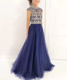 Blue A-line beads tulle long prom dress, blue evening dress