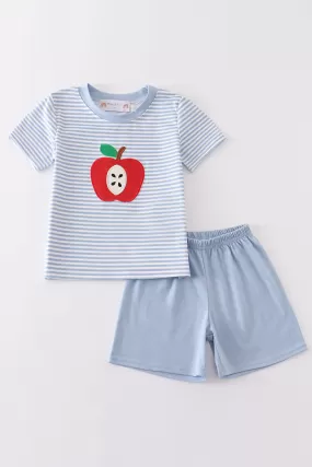 Blue stripe apple applique boy set