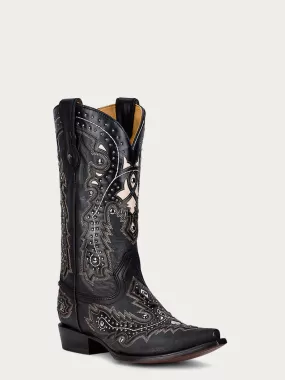 C3847 - MEN'S WHITE INLAY EMBROIDERY AND STUDS SNIP TOE BLACK COWBOY BOOT