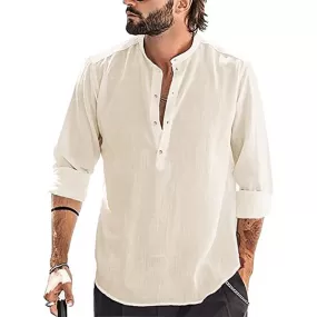 ESSENTIAL RETRO HENLEY LONG SLEEVE COTTON LINEN SHIRT