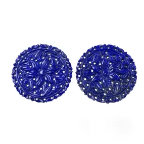 LAPIS LAZULI Gemstone Carving : 70.50cts Natural Untreated Blue Lapis Hand Carved Round Shape 37mm Pair