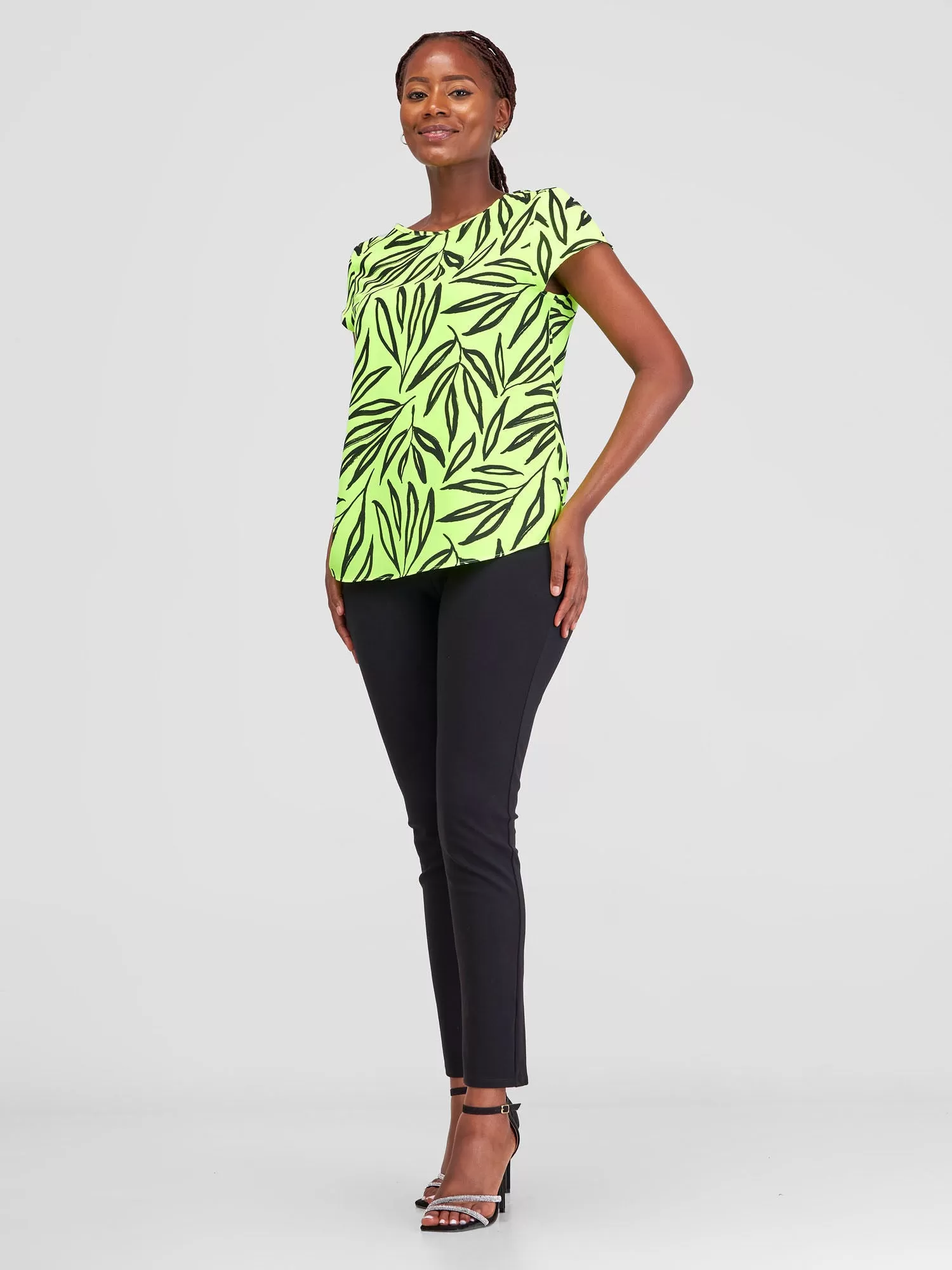 Vivo Basic Crepe Cap Sleeved Top - Lime Kasai Print